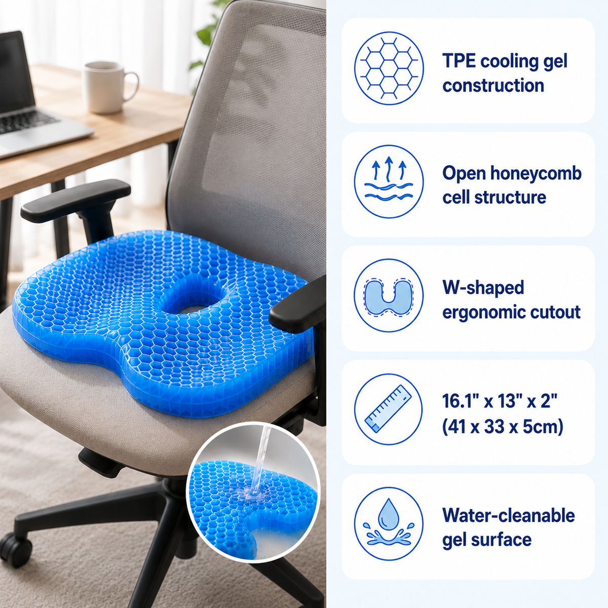 HexoCool™ Gel-zitkussen met honingraatstructuur voor kantoor, auto en thuis