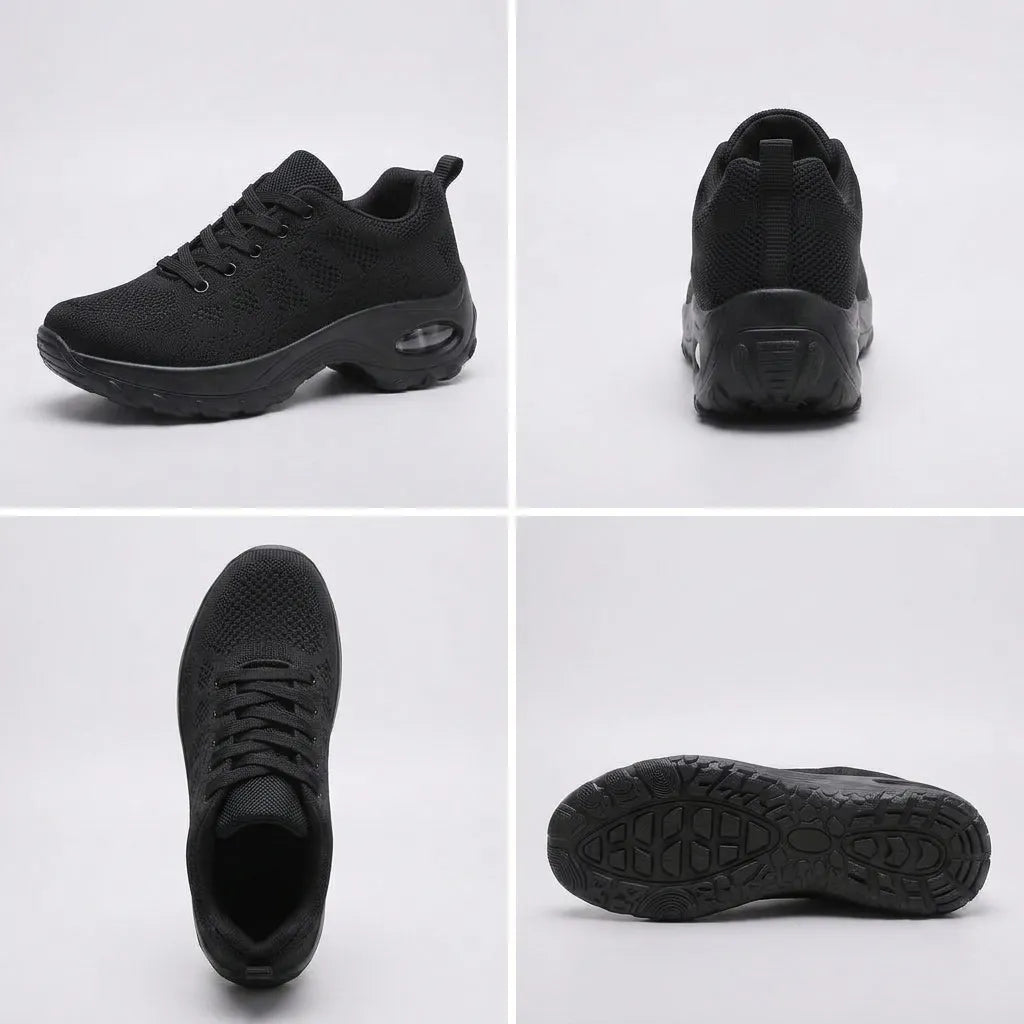 HexoComfy™ Men's Orthopedic High-Support Shoes in Black shown from several angles including the outsole