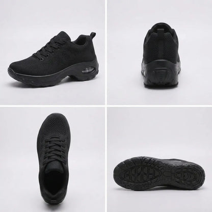 HexoComfy™ Men's Orthopedic High-Support Shoes in Black shown from several angles including the outsole