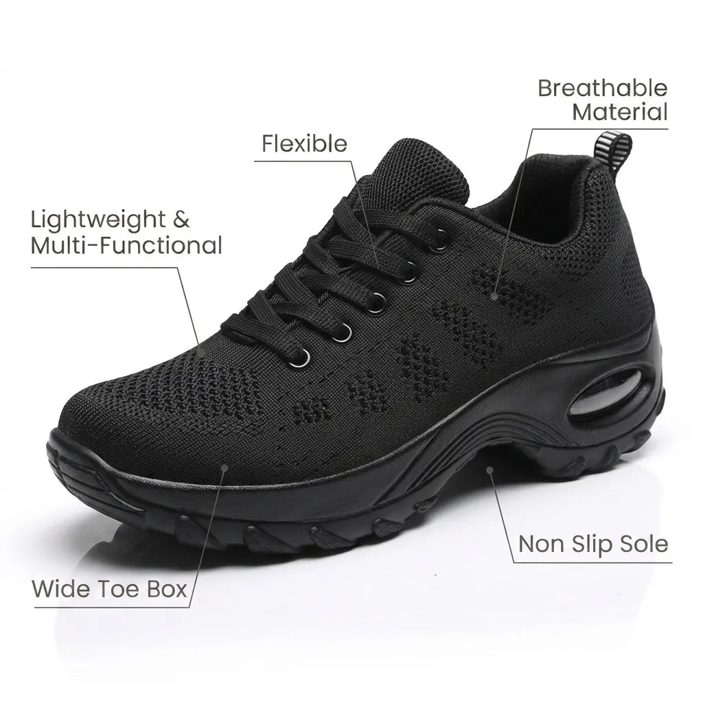 HexoComfy™ Men's Orthopedic High-Support Shoes in Black, side view with feature labels