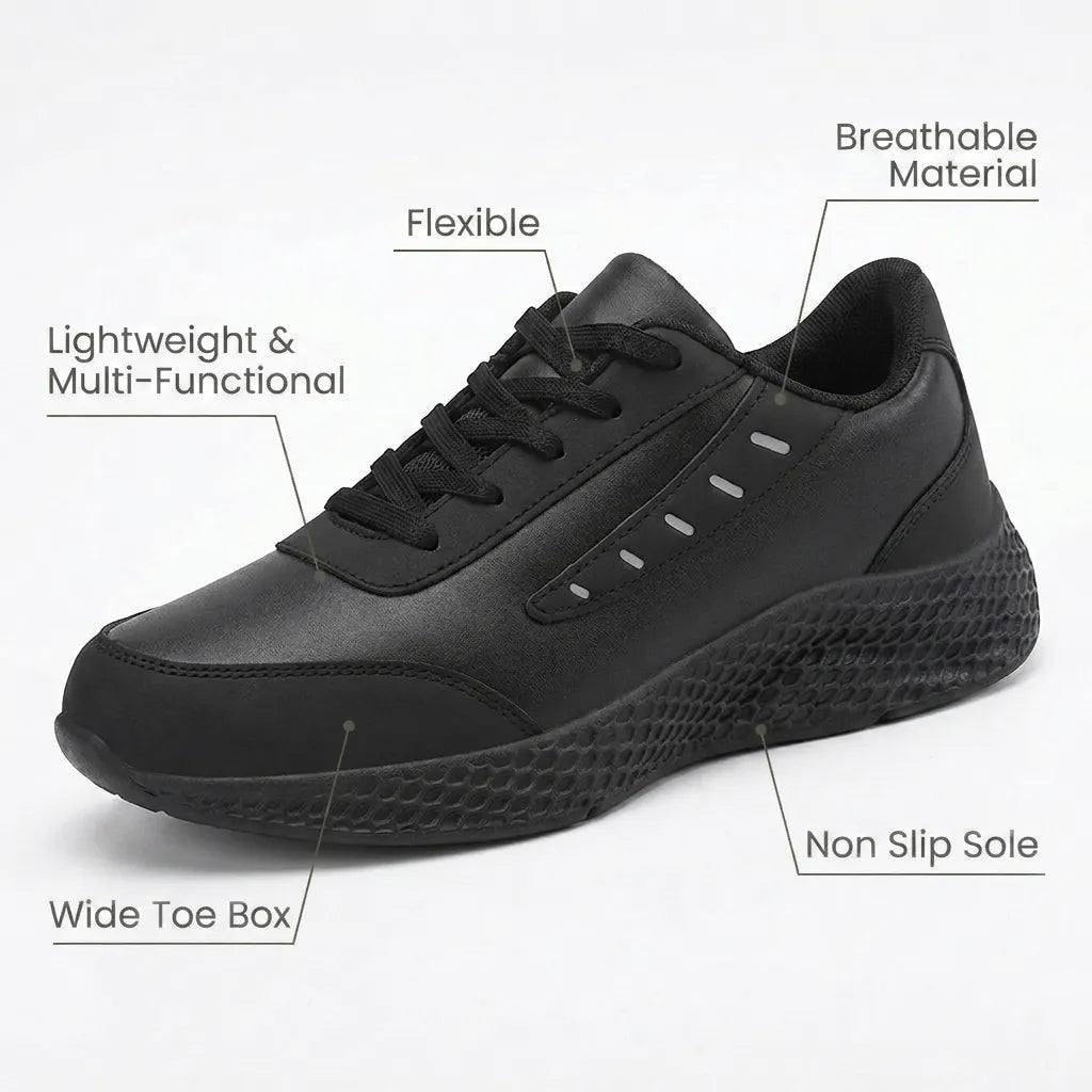 HexoComfy™ Men's Orthopedic Leather Shoes in Black with feature callouts