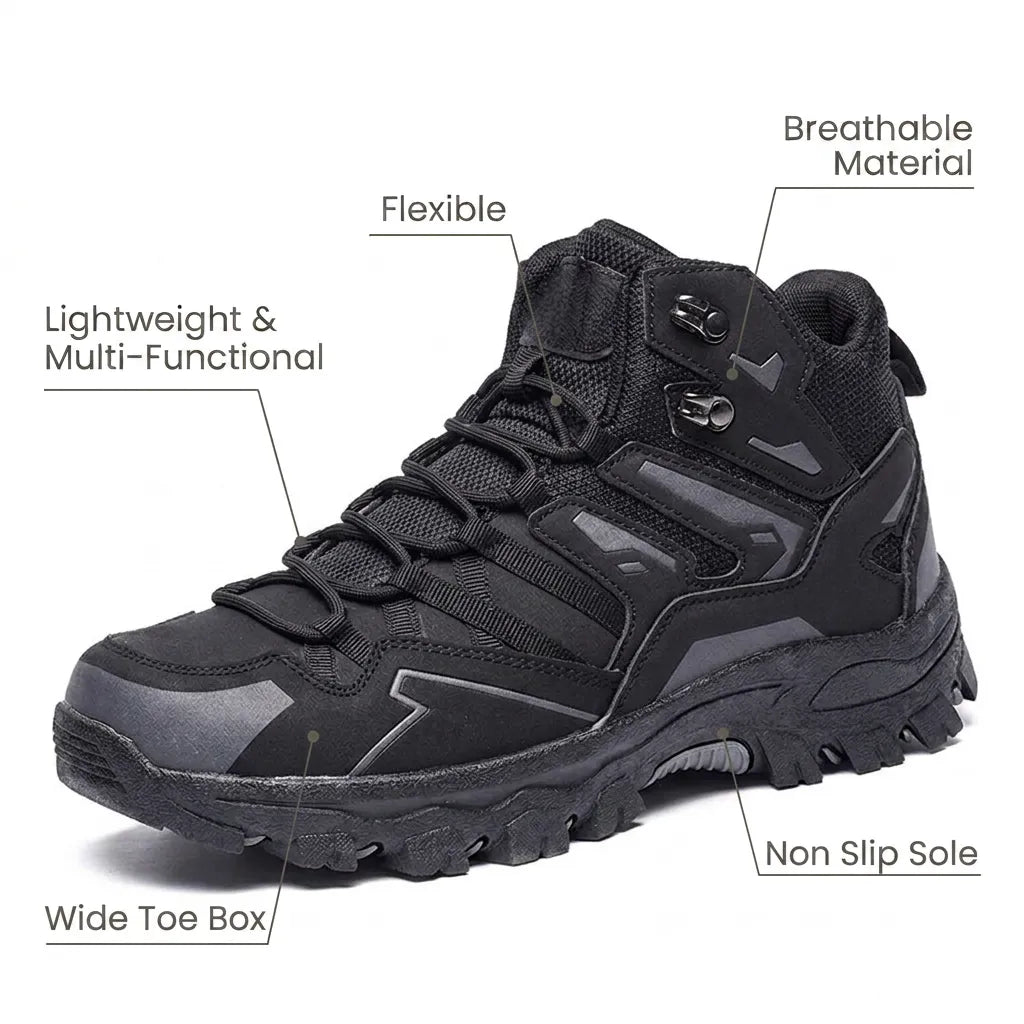 HexoComfy™ Men's Orthopedic Outdoor Shoes in Black with feature callouts