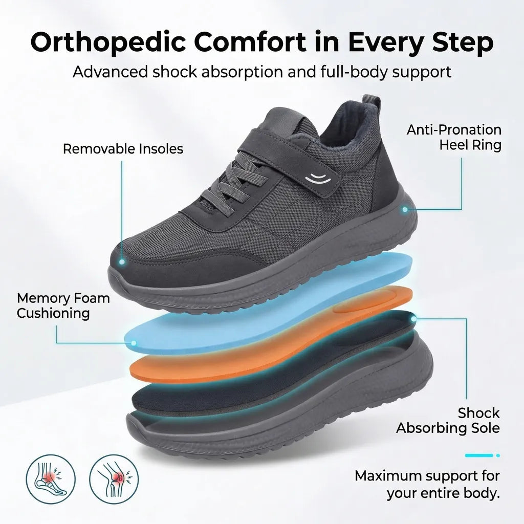 HexoComfy™ Men's Orthopedic Hands-Free Shoes in Gray with layered sole diagram