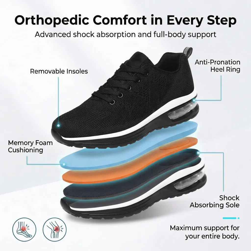 HexoComfy™ Men's Orthopedic Shoes in Black showing the layered footbed construction