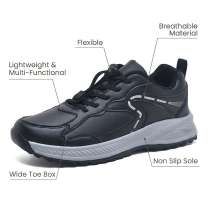 HexoComfy™ Men's Orthopedic Shoes in Black, side view with feature labels