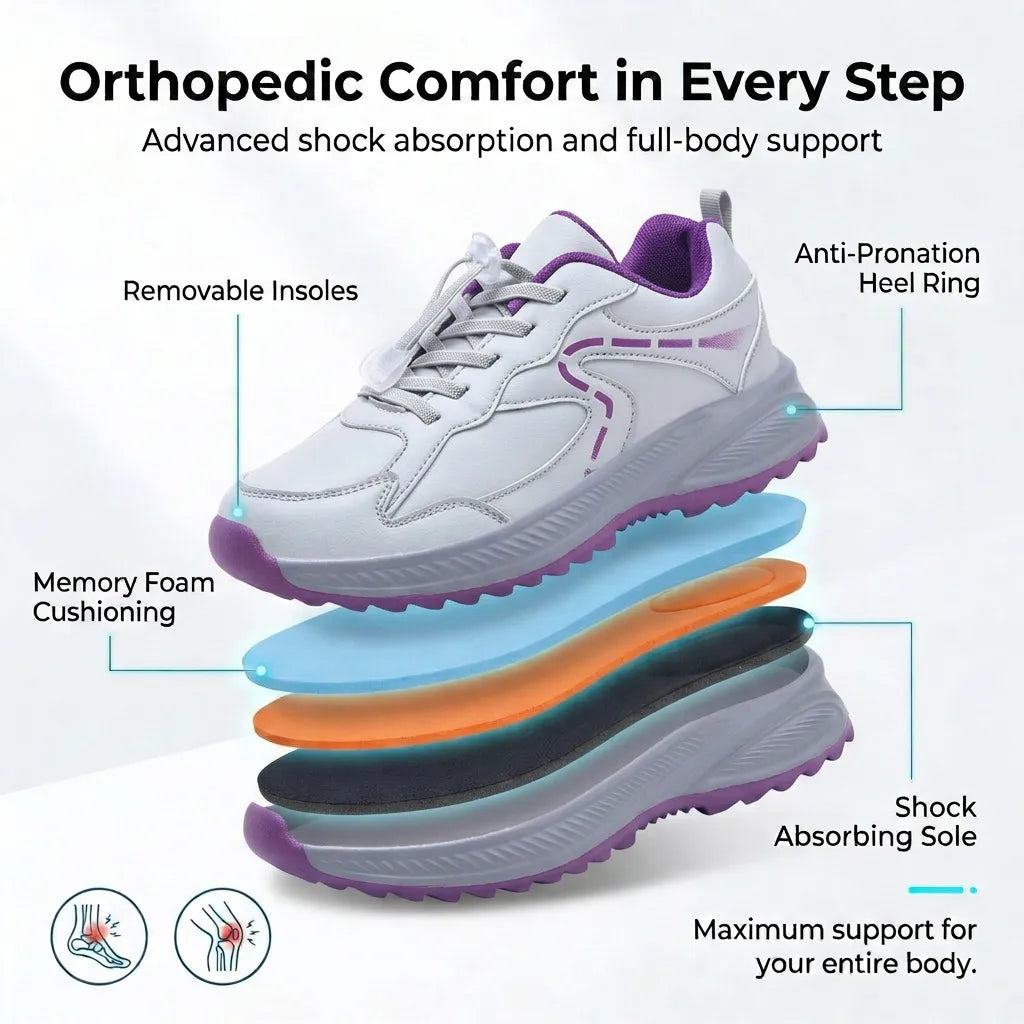 HexoComfy™ Men's Orthopedic Shoes in White & Purple showing the layered footbed construction