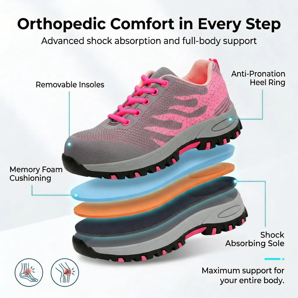 HexoComfy™ Men's Orthopedic Steel Toe Shoes in Pink with layered sole diagram