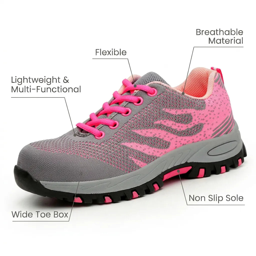 HexoComfy™ Men's Orthopedic Steel Toe Shoes in Pink with feature labels
