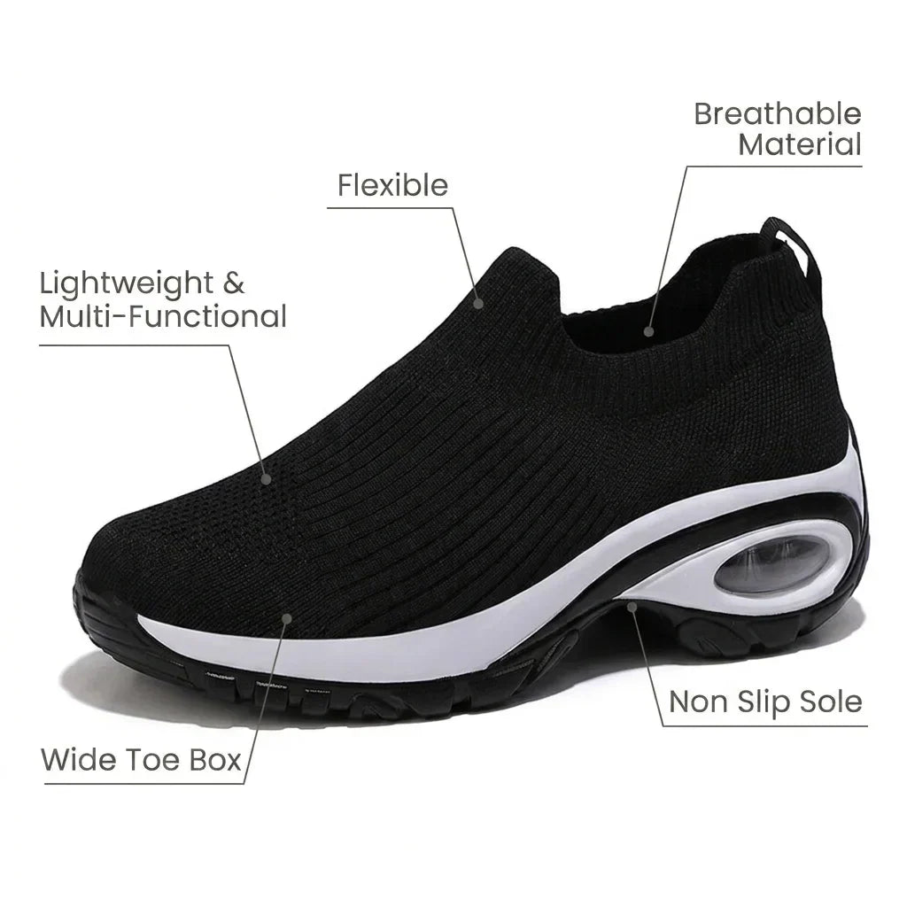 HexoComfy™ Men's Orthopedic Slip-On Shoes in Black, side view with feature labels