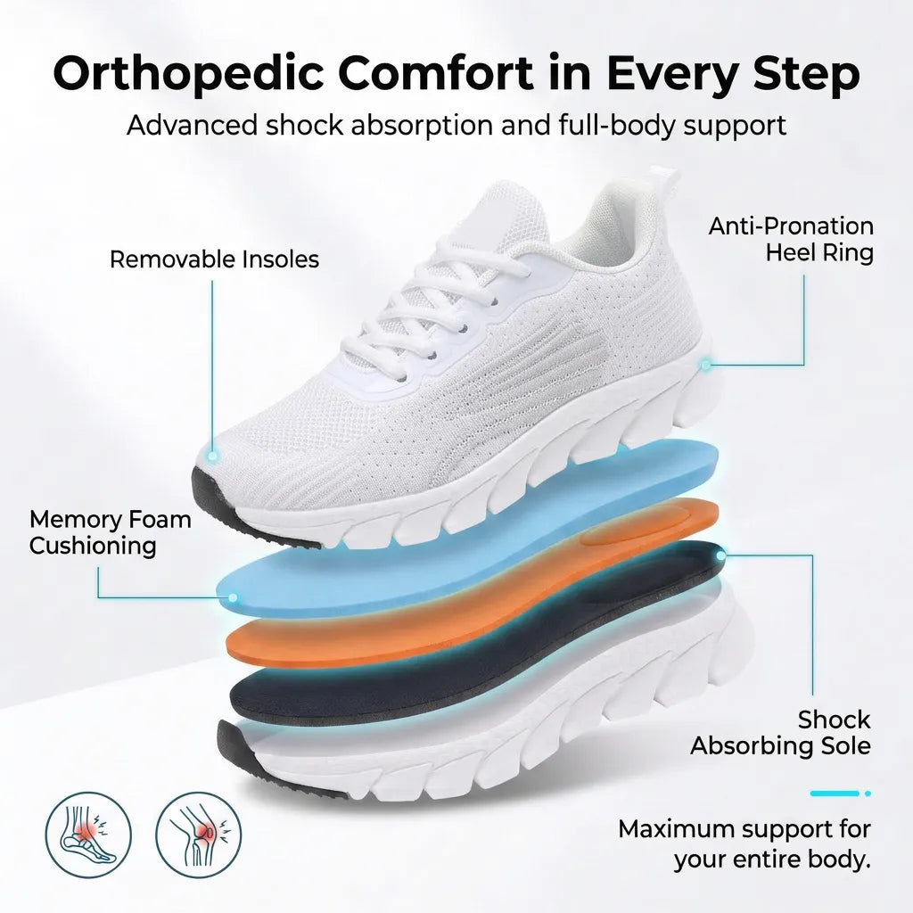 HexoComfy™ Men's Orthopedic Knit Sneakers in White showing layered cushioning