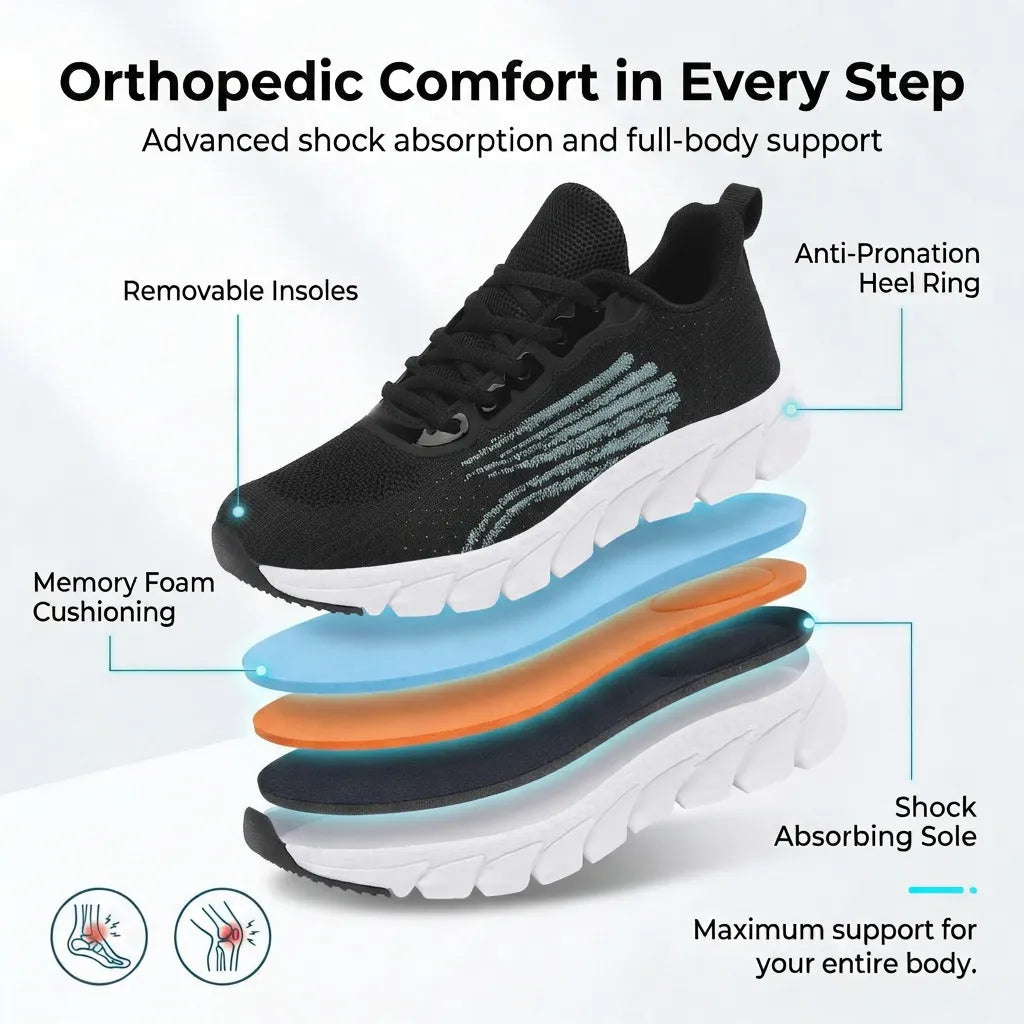 HexoComfy™ Men's Orthopedic Knit Sneakers in Black showing layered cushioning