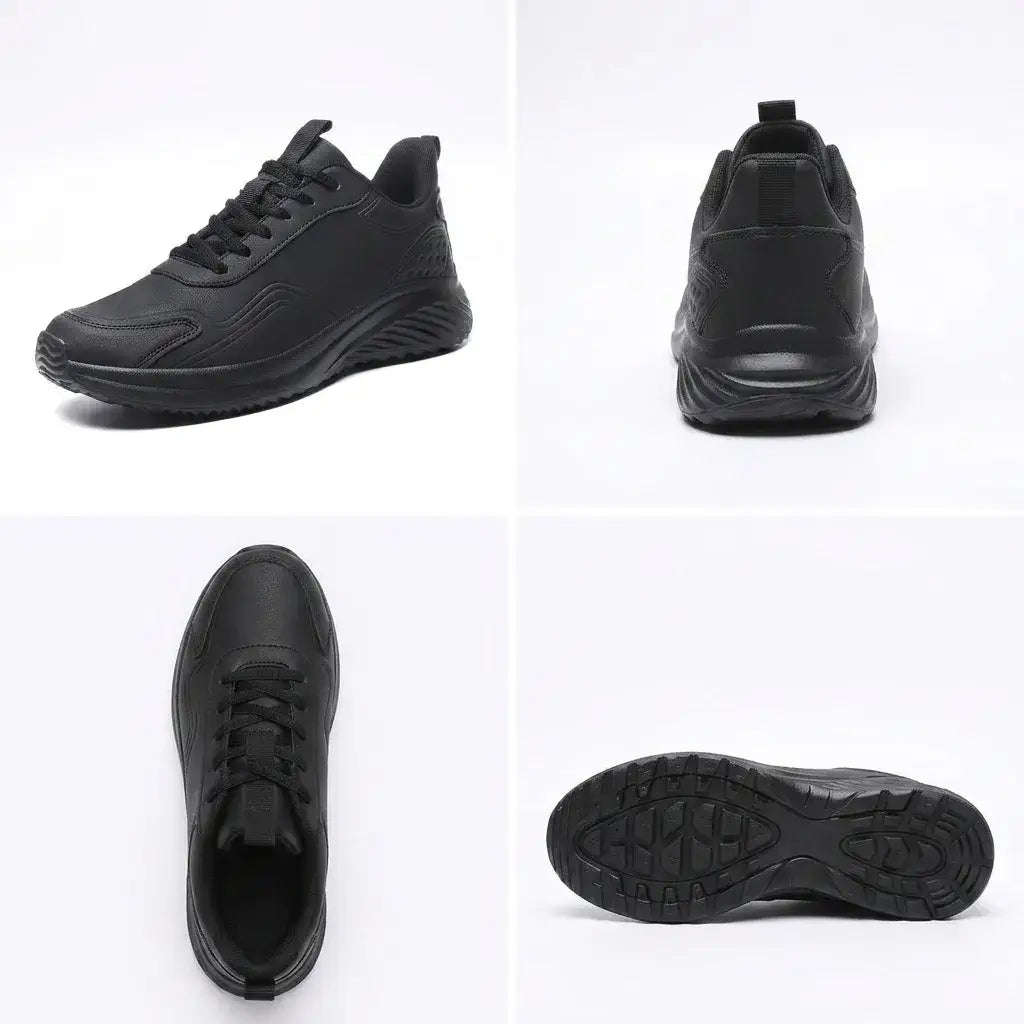 HexoComfy™ Men's Orthopedic Performance Sneakers in Black, front, back, top and sole views