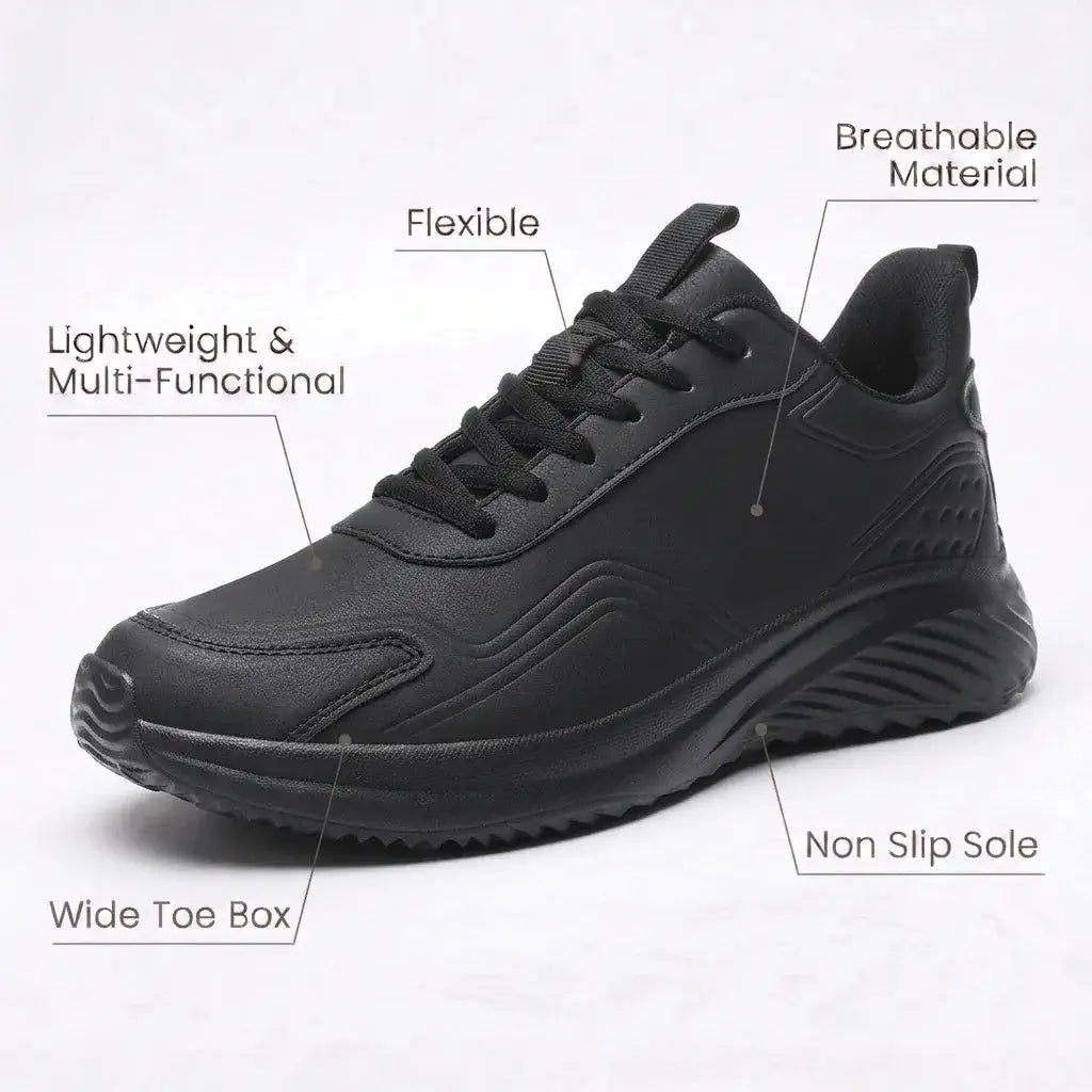 HexoComfy™ Men's Orthopedic Performance Sneakers in Black with breathable, flexible and wide toe box callouts