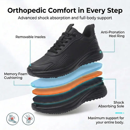 HexoComfy™ Men's Orthopedic Performance Sneakers in Black, layered insole and sole construction diagram