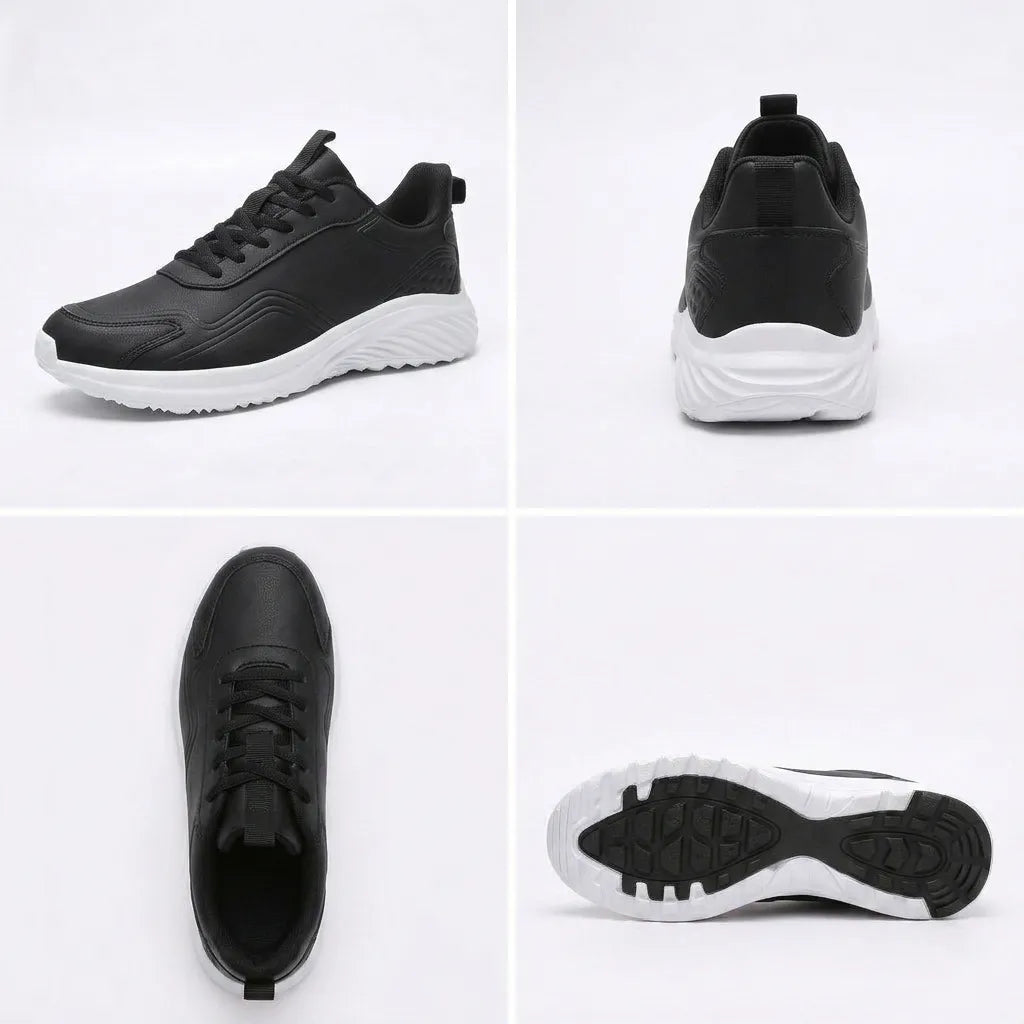 HexoComfy™ Men's Orthopedic Performance Sneakers in Black & White, front, back, top and sole views