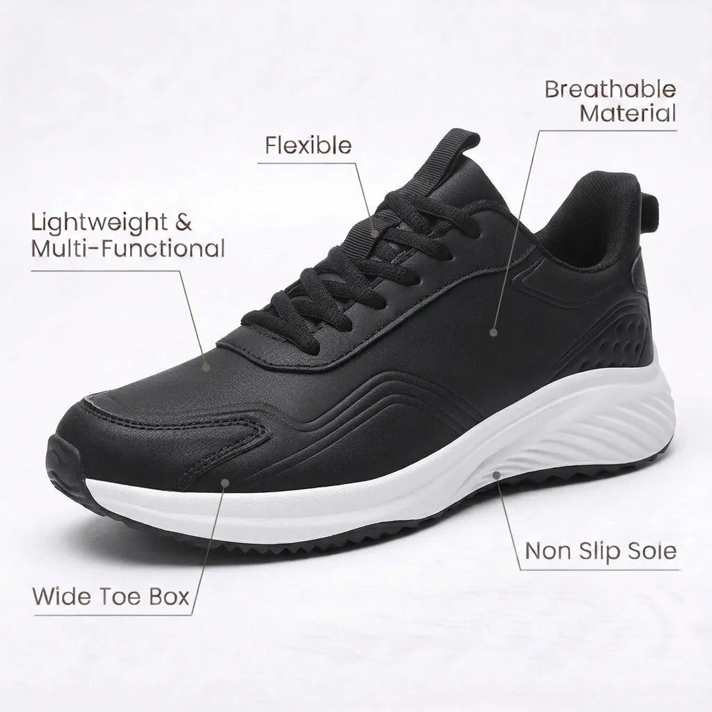 HexoComfy™ Men's Orthopedic Performance Sneakers in Black & White with breathable, flexible and wide toe box callouts