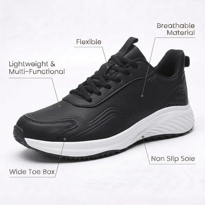 HexoComfy™ Men's Orthopedic Performance Sneakers in Black & White with breathable, flexible and wide toe box callouts
