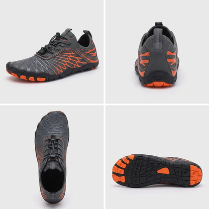 HexoComfy™ Men's Orthopedic Outdoor Shoes in Gray & Orange, front, back, top and sole views