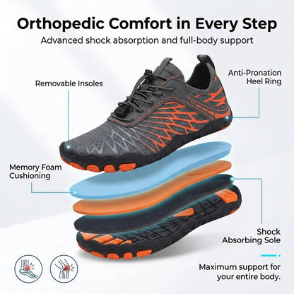 HexoComfy™ Men's Orthopedic Outdoor Shoes in Gray & Orange, layered insole and sole construction diagram
