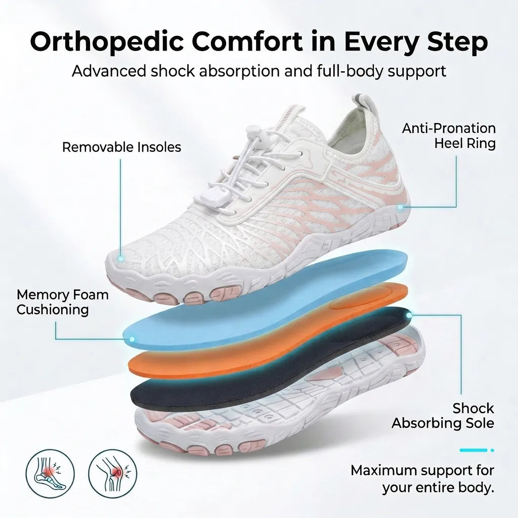 HexoComfy™ Men's Orthopedic Outdoor Shoes in White & Pink, layered insole and sole construction diagram