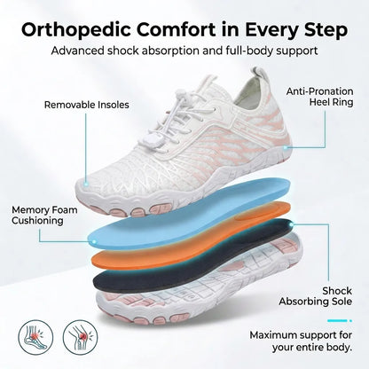HexoComfy™ Men's Orthopedic Outdoor Shoes in White & Pink, layered insole and sole construction diagram