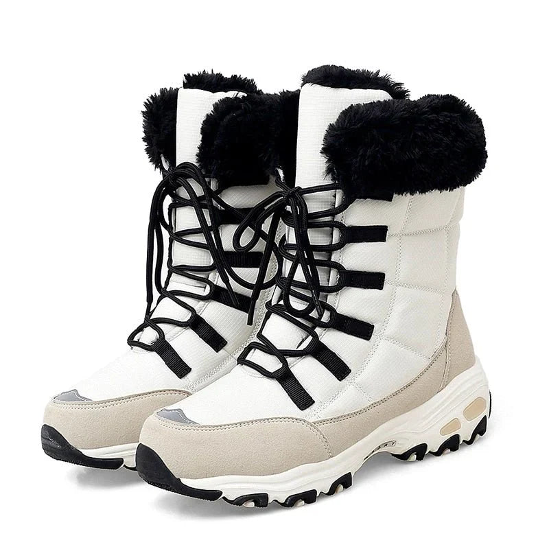 HexoComfy™ Women's Orthopedic Winter Boots in Beige – lace-up with faux-fur collar