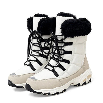 HexoComfy™ Women's Orthopedic Winter Boots in Beige – lace-up with faux-fur collar