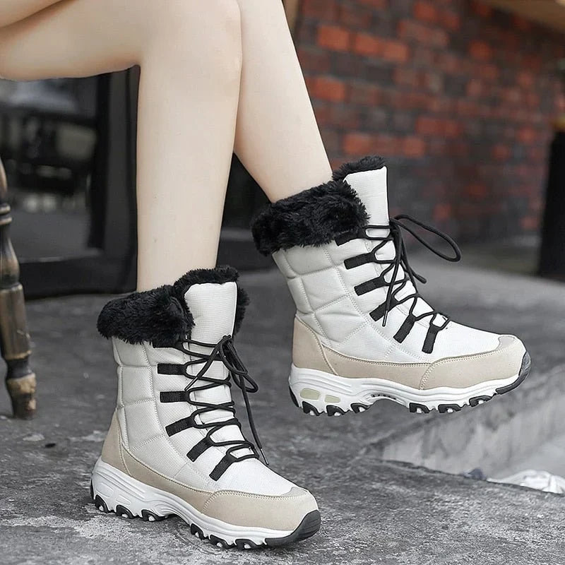 Woman wearing HexoComfy™ Women's Orthopedic Winter Boots in Beige on a stone step