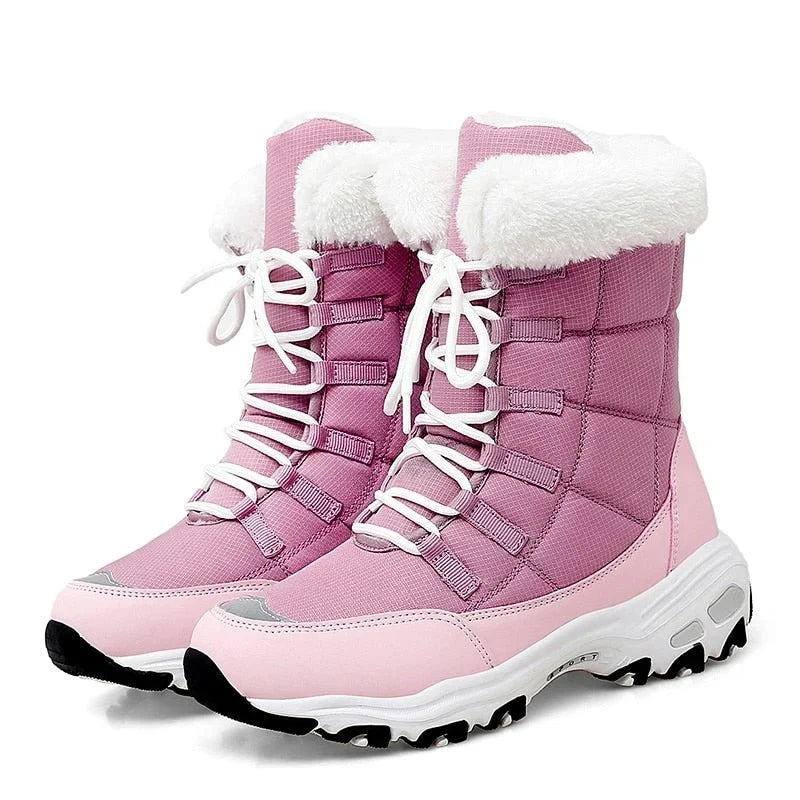 HexoComfy™ Women's Orthopedic Winter Boots in Pink – lace-up with faux-fur collar