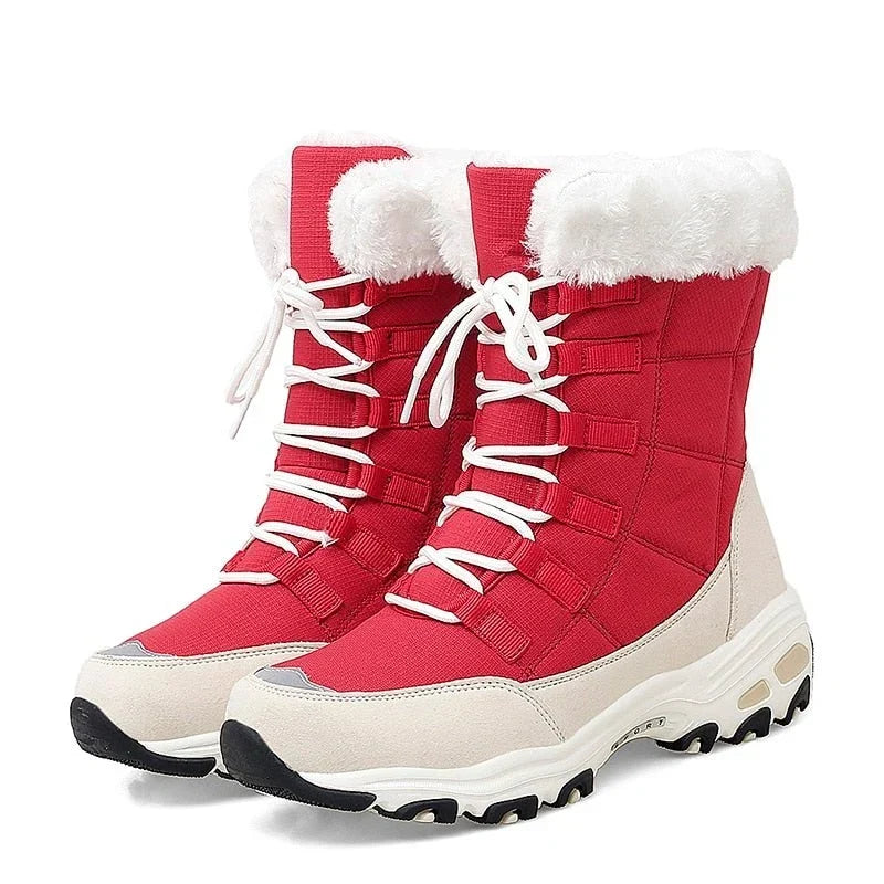 HexoComfy™ Women's Orthopedic Winter Boots in Red – lace-up with faux-fur collar
